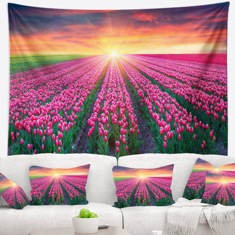 Photographie tulipes en floraison à la tapisserie du lever du soleil, H 50 po x l 60 po