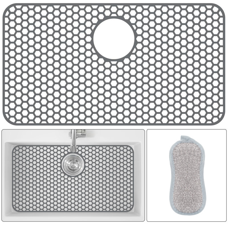 Silicone Sink Protector, 26" x 14" Rear Drain Kitchen Sink Mat for Sink Bottom, Non-Slip and Heat-Resistant, For Farmhouse and Stainless Steel Sinks, With a Scrub Sponge(Rear Hole)