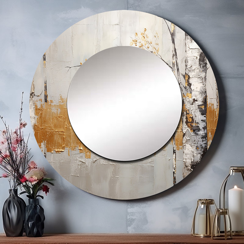 Arbre monochromes Whispers of Grey III - miroir mural unique en miroir, miroir rond doré, impression sur métal, 23 po x 23 po