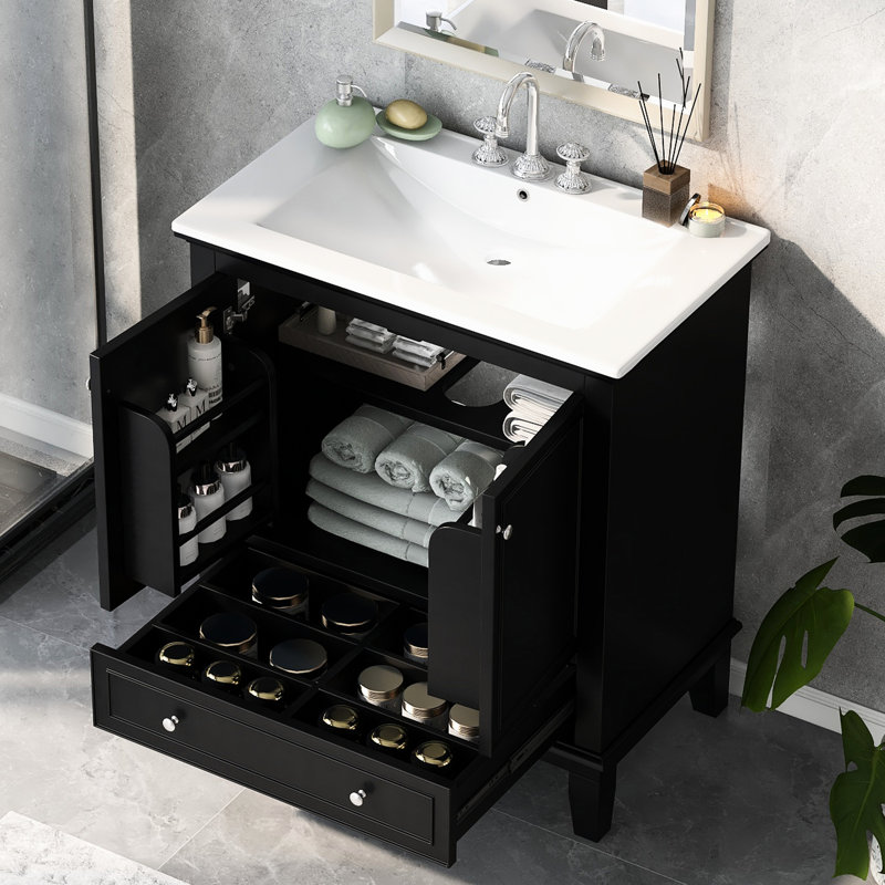 Meuble-lavabo noir 30 po avec lavabo - portes en bois massif et armoire multifonctionnelle, tiroir et tablette ajustable