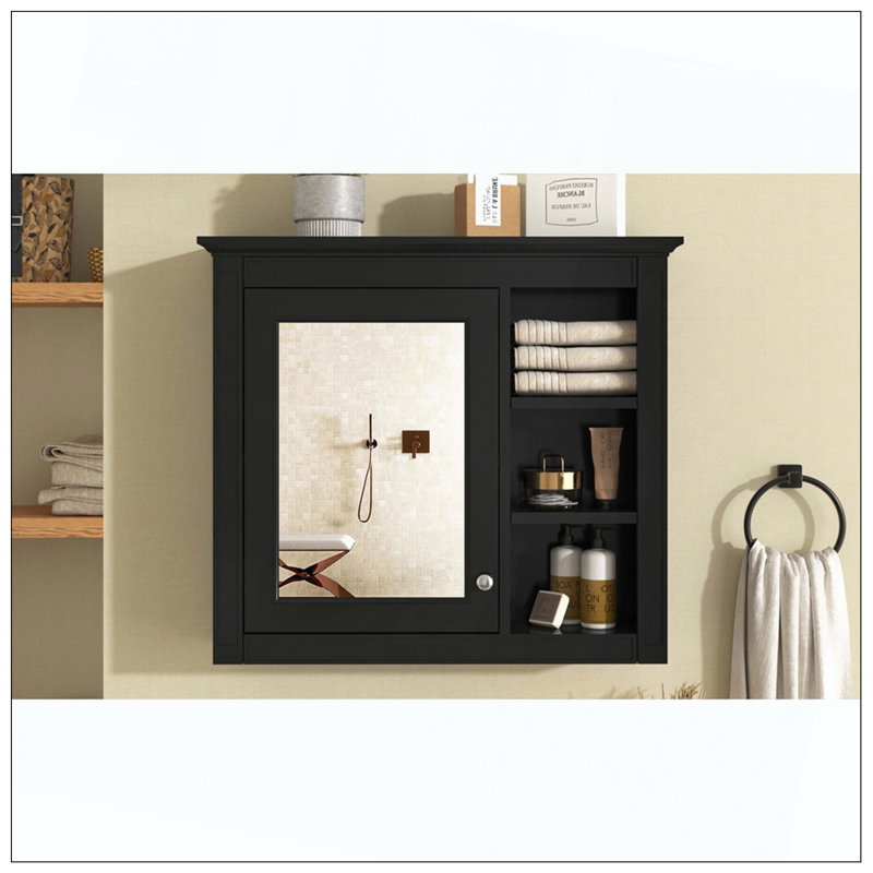 Armoire à pharmacie murale avec miroir et 3 tablettes ouvertes, Noir