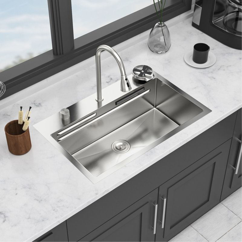 Évier de cuisine 31,5 x 21 9,4 pouces à simple cuve avec cascade, 3 modes d'eau, revêtement, tampon, passoire, support de séchage et planche à découper, évier 31,5 po, acier inoxydable T304 de calibre 16