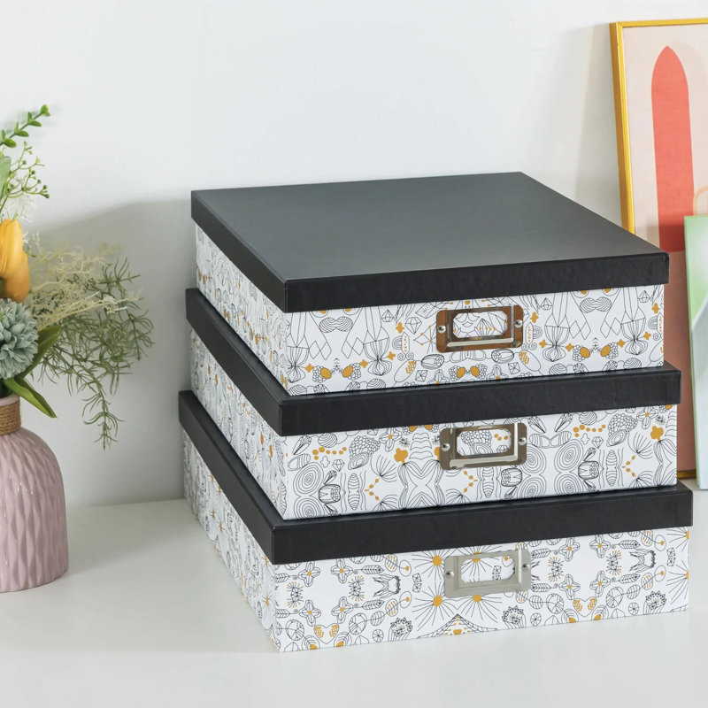 Sandersville 3 Piece Decorative Box Set, Black/White Geometric 1