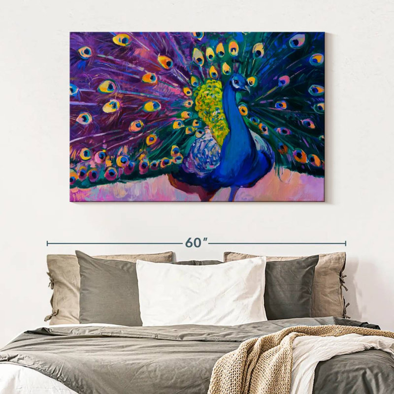 Paon éblouissant sur toile, H 34 po x l 51 po x P 1,25 po