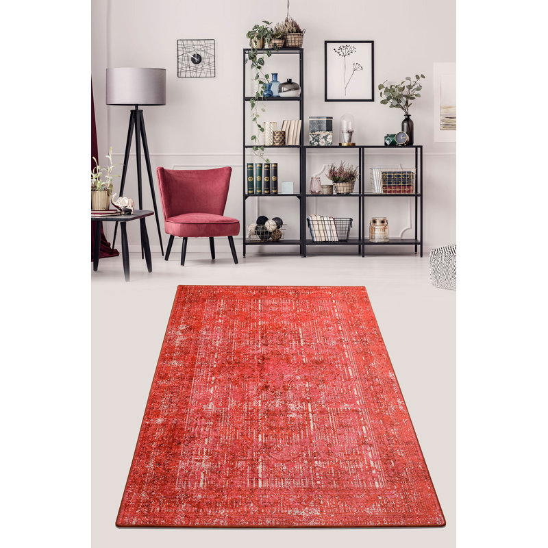 Luxueux tapis rouge (4,6 x 6,2 pi), 100% polyester, d'une hauteur de poils de 0,2 po | Antibactérien, antidérapant sous la surface, lavable en machine à 86 ° F | Parfait pour le salon, la chambre à coucher et la décoration moderne, design durable et élégant