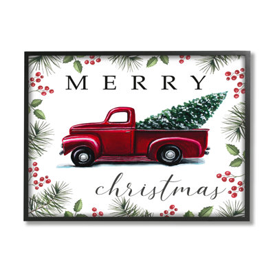 " Merry Christmas Traditional Red Truck Winter Holly Border " by Elizabeth Tyndall