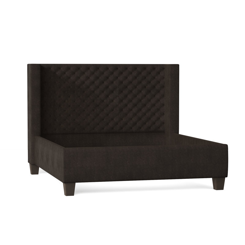 Bren Upholstered Wingback Bed, Queen, Bella Black Performance Velvet, Brown Mahogany