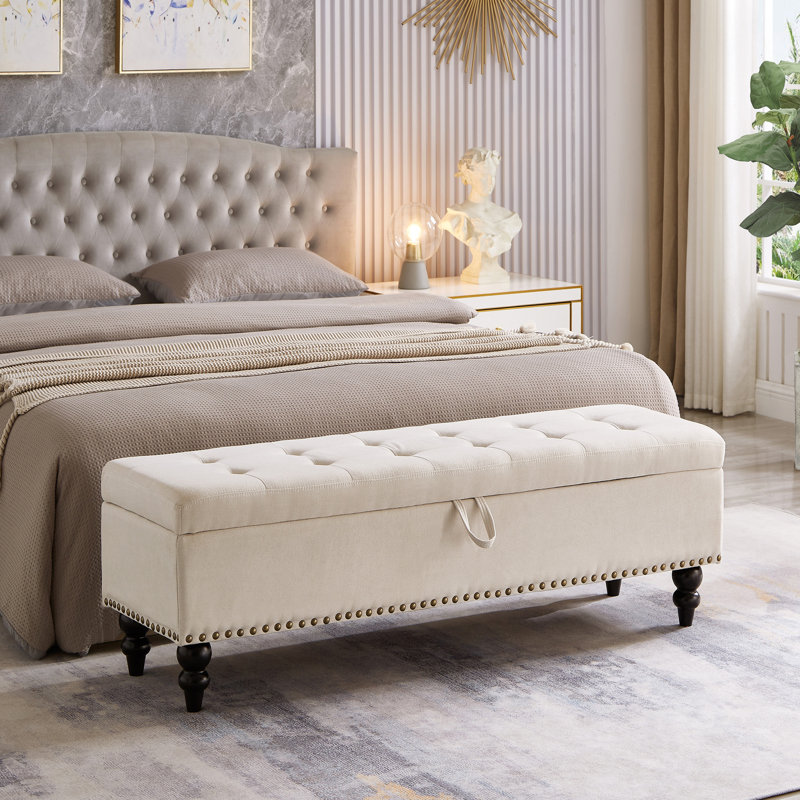 Banc de lit avec repose-pieds et tissu beige, Beige