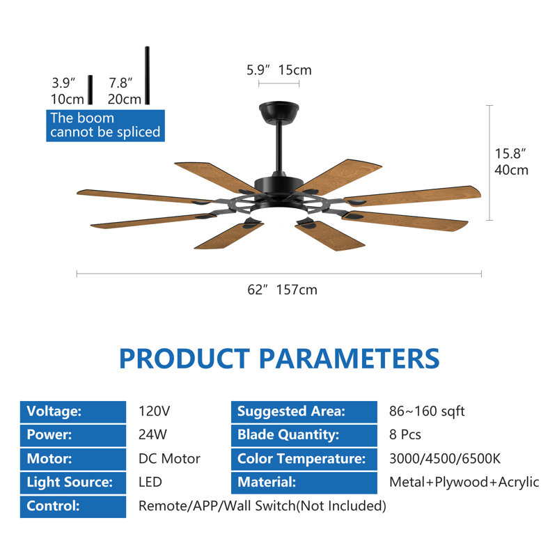 60 Inch Ceiling Fan with Lights and Remote Control, 8 Plywood Blades, 6-Speed Noiseless Reversible DC Motor, 3CCT, Windmill Ceiling fan for Kitchen Bedroom Living Room, Black