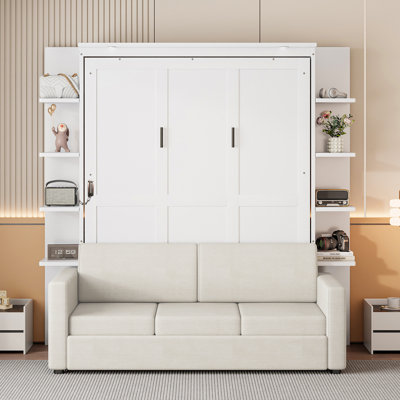 Grand lit escamotable mural avec canapé, cadre de lit mural pliable peu encombrant, canapé-lit multifonctionnel, gris