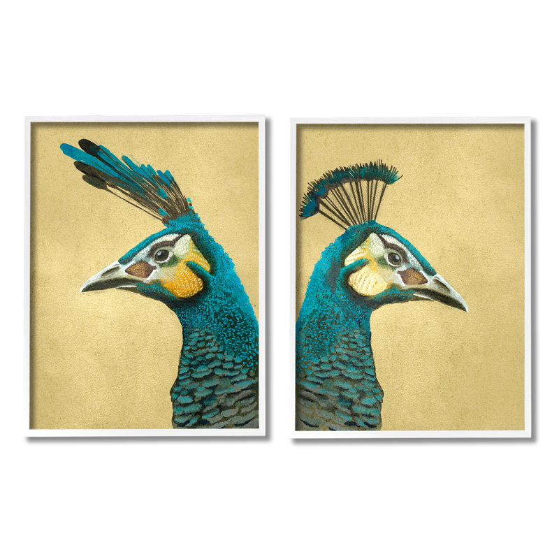 «Teal Peacock Portraits», impression sur bois 2 pièces, Giclée encadrée blanc bord de mer, H 20 po x l 32 po x P 1,5 po