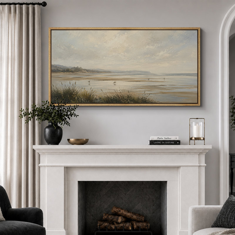 «Quiet Coastal Shoreline With Sea Grass», art de chambre à coucher, impression sur toile encadrée, 3 pièces, Cadre noir