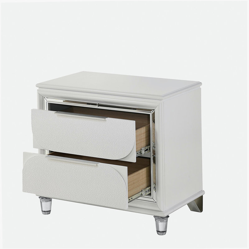 Table de chevet 2 tiroirs Pearl White avec pieds en cristal acrylique