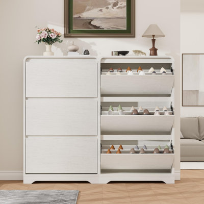 Narrow Shoe Cabinet w/ 3 Flip Drawers, Slim Entryway Organizer w/ Gold Handles, 10.25" Deep, White