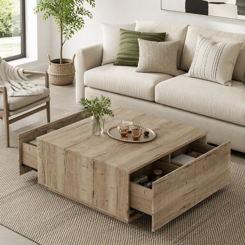 Table basse carrée de 33,25 pouces avec 4 tiroirs, Naturel