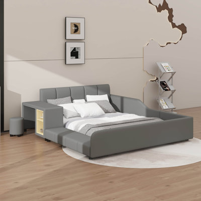 Full-Size Upholstered Low-Rise Bed, Combined Mother-Child Bed With Side Table & Mini Stool