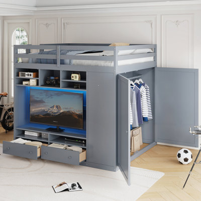 Wooden Bed with Drawers, Shelves and Light