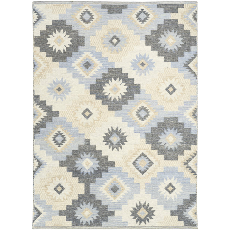 Marther Flatwoven Wool Ivory Blue Modern Indoor Rug, Rectangle 5' x 7'