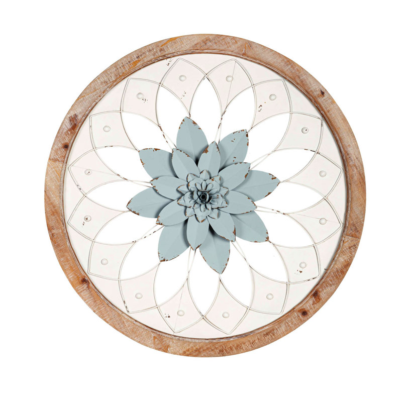 Décoration murale florale blanche et bleue en bois et métal
