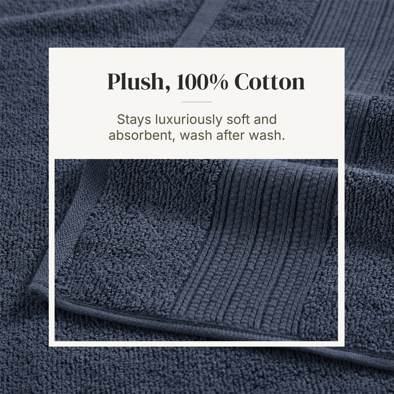 Modern Threads 6 Piece Set, 2 Bath Towels, 2 Hand Towels, 2 Washcloths, Quick Dry White/Contrast Reinhart, Denim