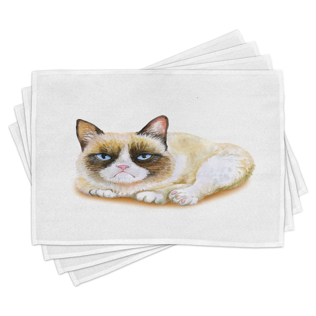 Platzdeckchen 4er Set, Grumpy Angry Cat Love, Braun und Beige