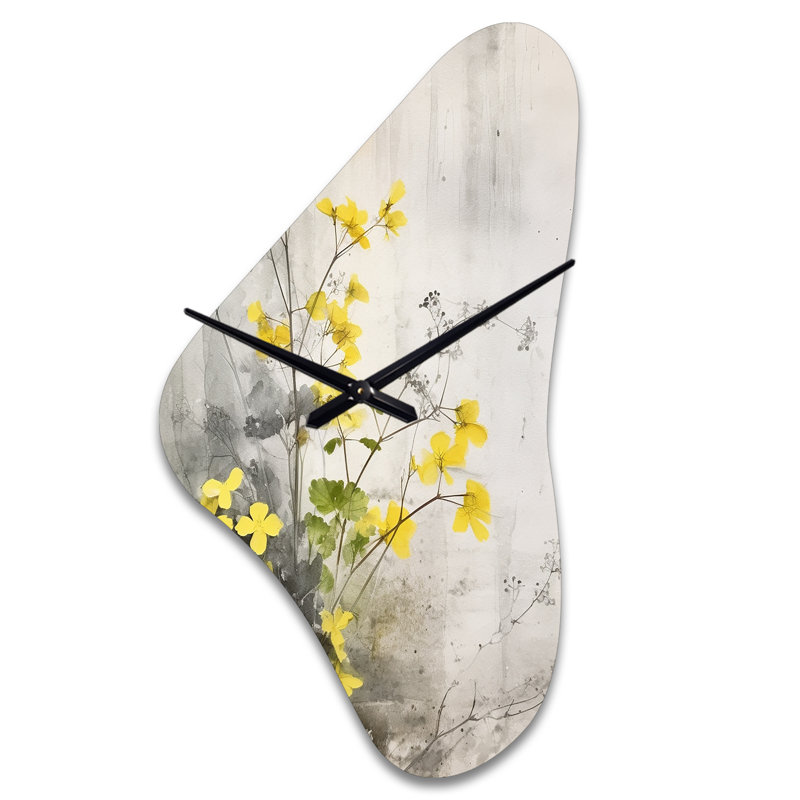 Horloge murale jaune et jaune avec motif floral et forme irrégulière, Médium