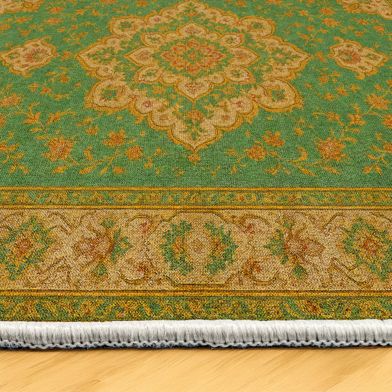 Zyana Collection Digital Print Cotton-Polyester Green Yellow Moroccan Rug, Rectangle 5'3" x 6'7"