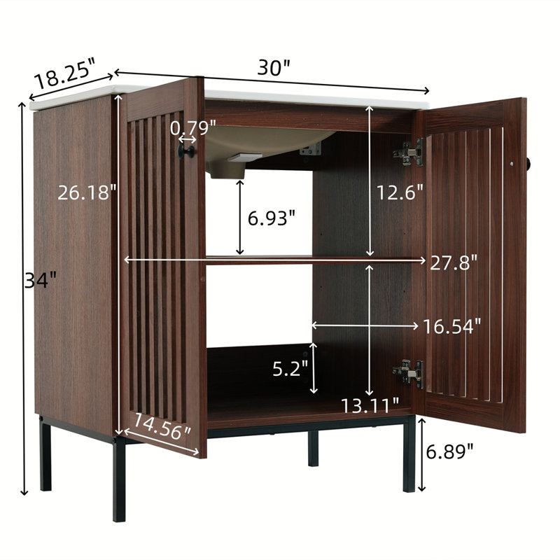 Meuble-lavabo vintage 30 po avec lavabo en céramique, meuble-lavabo moderne avec 2 portes à fermeture en douceur (conception de clôture) et grand espace de rangement, équipé de 4 pieds en fer robustes