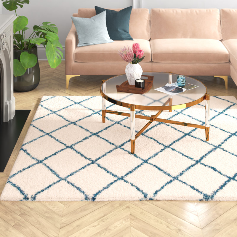 Feltner Geometric Ivory/Slate Blue Area Rug, Square 7'