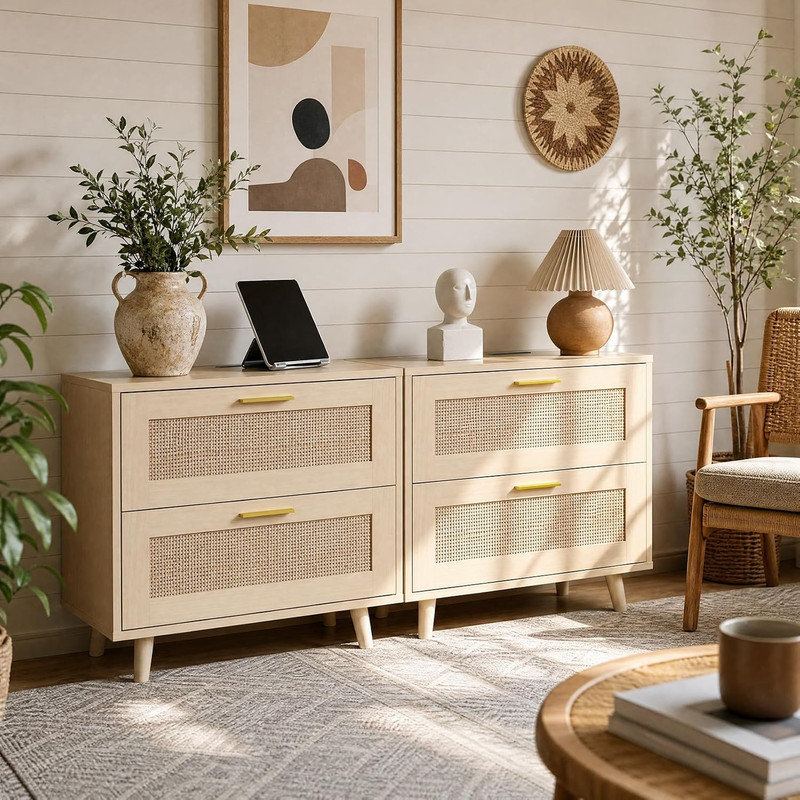 Table de chevet 23,6 po en rotin avec station de charge, table de chevet à 2 tiroirs avec 2 prises CA et 2 ports USB, rangement blanc Boho