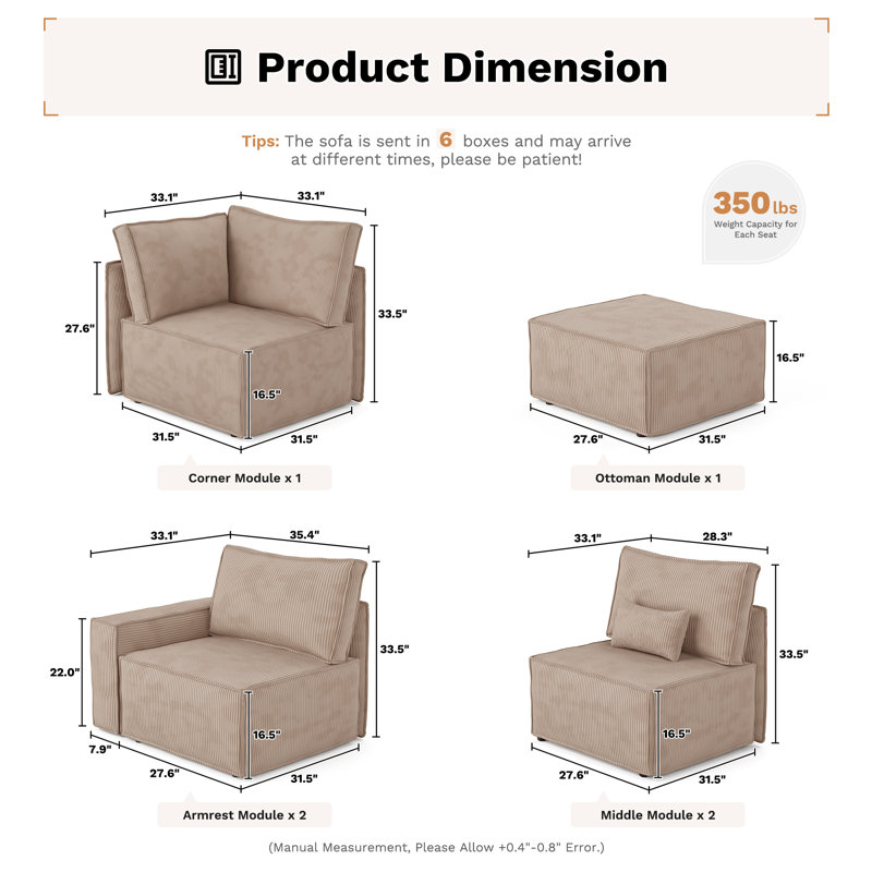 Bennett 6-Piece Upholstered Corduroy Sectional, Tan Corduroy