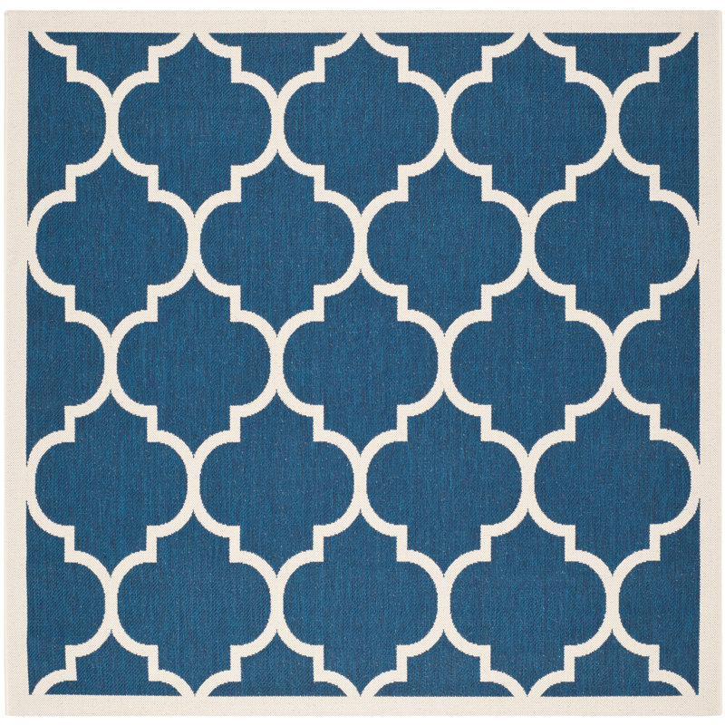Tapis d'intérieur / extérieur à motif géométrique Courtyard Performance, Carré 6 pi 7 po, Beige / marine