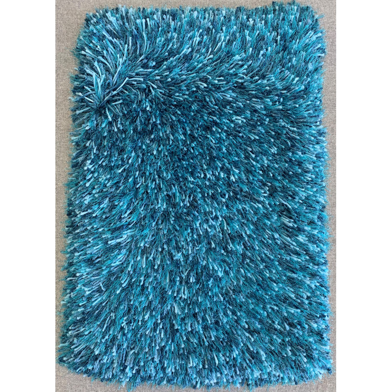 Tapis de zone turquoise fait main poils longs Chisdock, Rectangle 7 pi 9 po x 9 pi 9 po