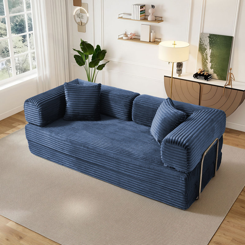 Addisin King-Size Foldable Sleeper Sofa Bed – Convertible Compression Mattress Couch with 2 Removable Bolster Armrests & 2 Pillows