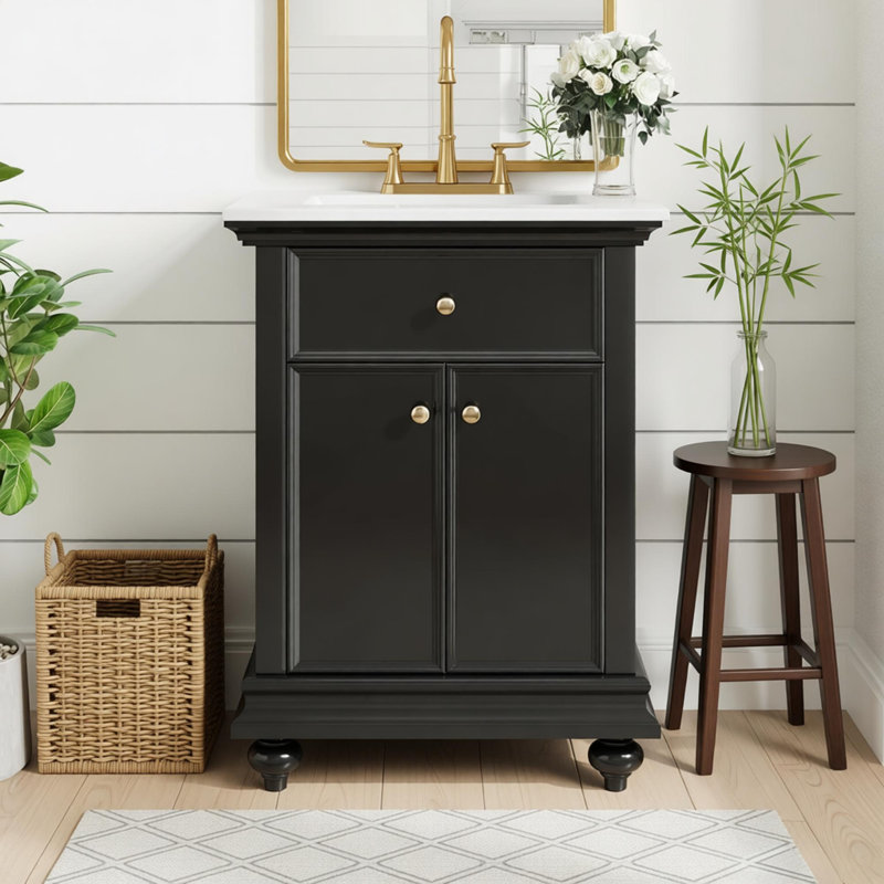 Meuble-lavabo moderne de 24 po avec tiroir rabattable et charnières à fermeture en douceur, armoire de salle de bain avec structure ouverte à l'arrière, pieds tournés en boule avec élégance française