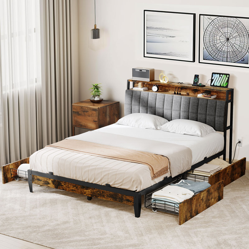 Felipe Metal Bookcase Storage Bed with 4 Underbed Drawers & Power Outlets, Queen