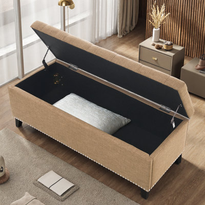 Repose-pieds de rangement de 47,5 po avec charnière de sécurité - Banc capitonné en lin - Capacité de 500 lb, Compartiment caché - Siège d'entrée, Repose-pieds de bout de lit, Décoration de salon - Assemblage facile