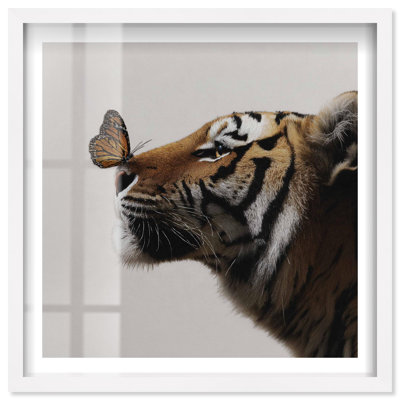 Décoration murale tigrée à motif de tigre et papillon encadré par Notoriart, cadre blanc, 41 x 41