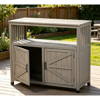 42 × 18 × 37 in. Wooden patio bar table solid wood buffet sideboard cabinet with storage slatted panel design for indoor outdoor deck backyard porch