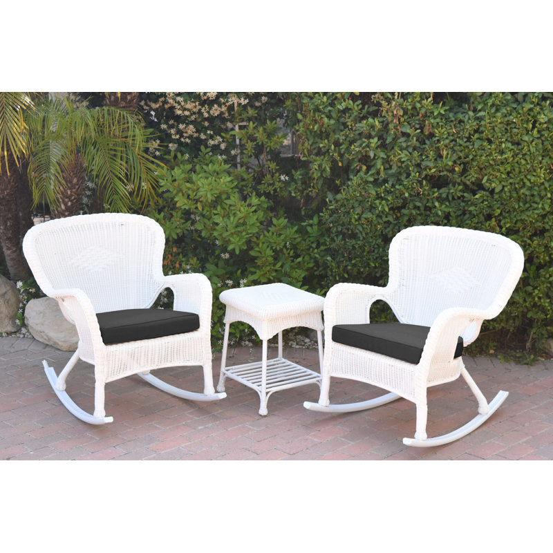 Windsor Resin Wicker Rocker Chair And End Table Set With Cushions, Black, White