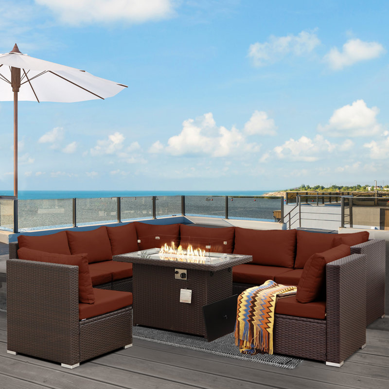 Alcalde 9-Piece Outdoor Wicker Conversation Set, Modular Sectional & 60,000 BTU Propane/Natural Gas Fire Pit Table, Red