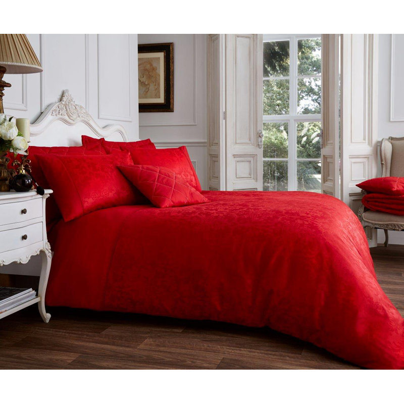 Cotton Blend Damask Duvet Cover with Pillowcases, Single - 1 Standard Pillowcase, Red