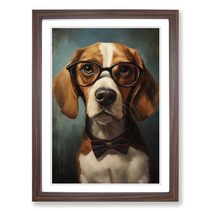Beagle With Glasses No.2 - Single Picture Frame Print on Wood, 46cm H x 34cm W x 2cm D, Walnut