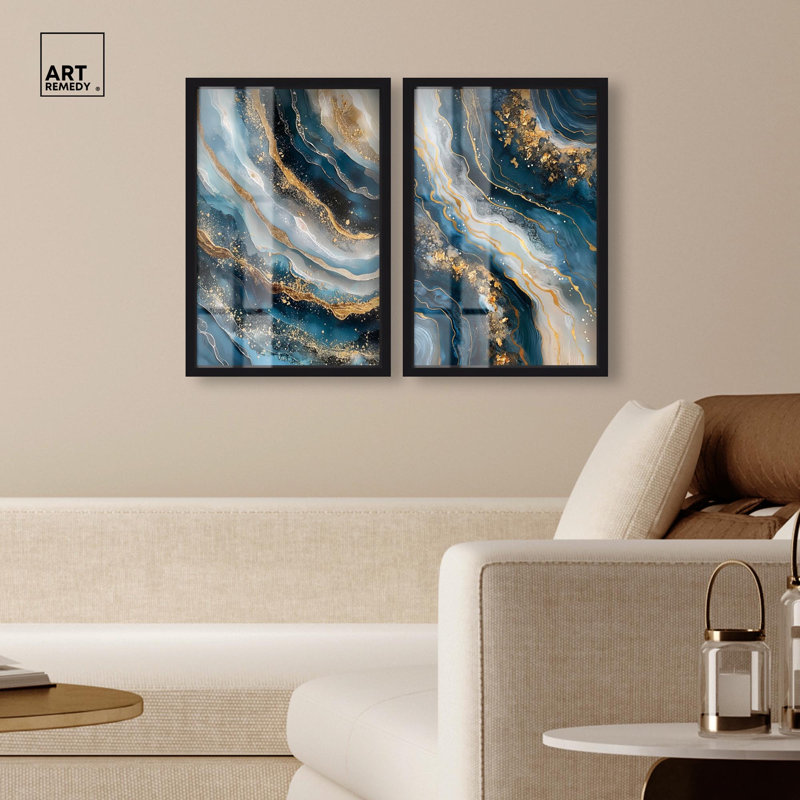 Navy Glist Diptych Shadowbox Print Sage Gold Wall Art Set by Art Remedy, Black Frame, 10 x 15, H 25 po x l 17 po, Black Frame