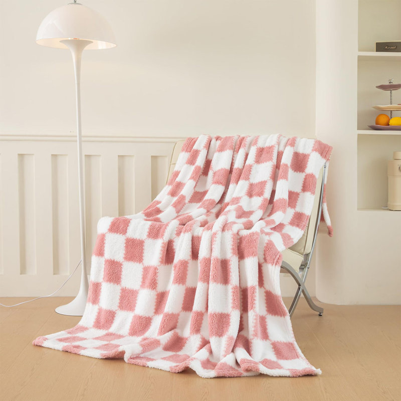 Checkered Lightweight Soft & Cozy Flannel Fleece Throw Blanket for Sofa & Bed in All Season, 130cm x 150cm, Pink/White