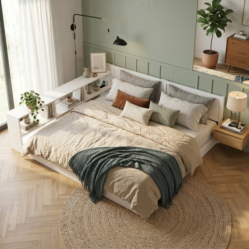 Base de lit convertible pour lit simple à très grand lit avec bibliothèque, lits de plancher à profil bas avec éclairage et station de charge