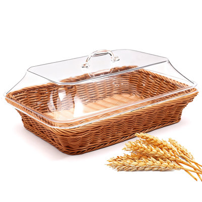 Acrylic Rattan-Style Bread Baskets with Lid, Tabletop Serving Basket Fruit Bread Warmer Basket for Serving, Kitchen, Restaurant, Picnic Food, Vegetable Display, 13.8" L x 9.8" W