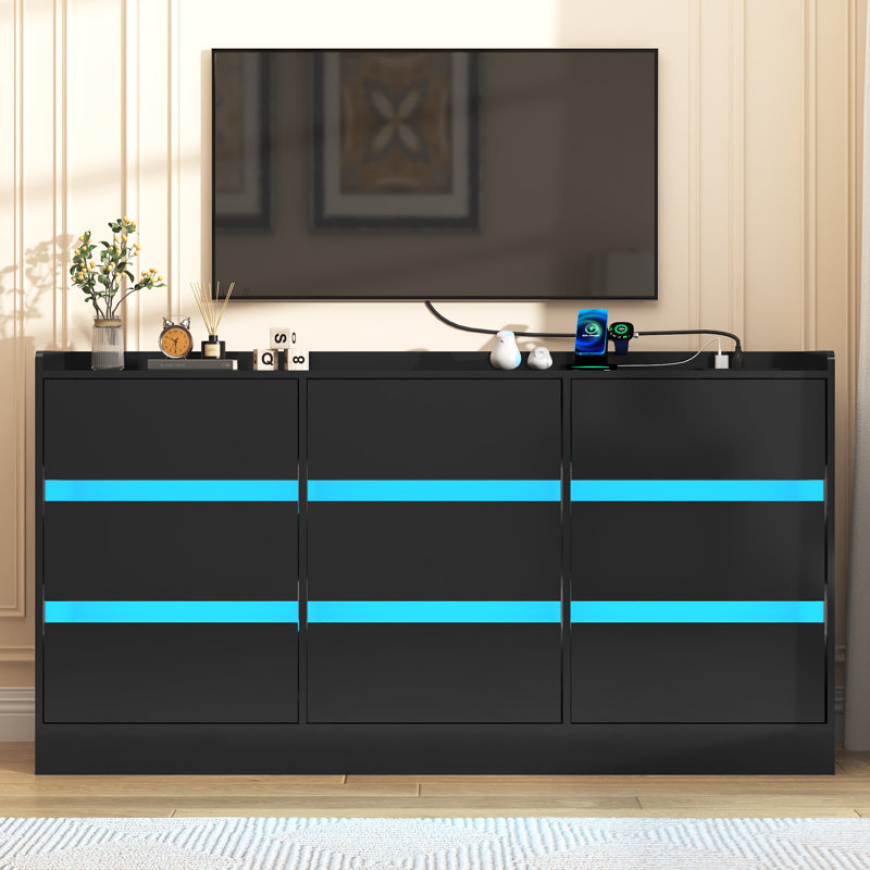 9 Drawer 63" W Dresser With LED Light, Sockets, USB Port, Type-C Port And Beveled Edge Pulls, Black