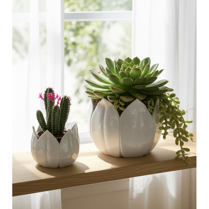 Sagebrook Home 2-Pieces Petal Planters, White, White, 7" H x 8" W x 8" D