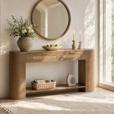 55 " Farmhouse Console Table With 2 Rattan Drawers & Shelf, Entryway Table, Sofa Table For Hallway, Living Room, Foyer